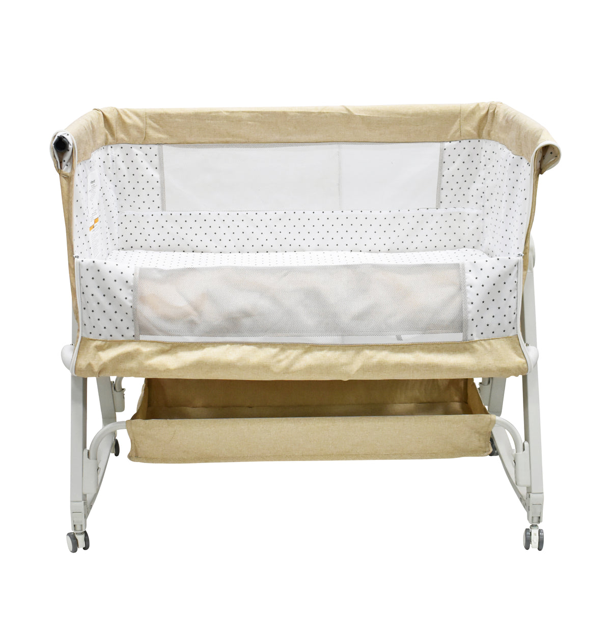 Cuna de Colecho Davy Beige Con Mosquitero y Toldo, Mecedora, Colchoneta, Lateral Abatible, Correas de Seguridad, Alturas Ajustables, Inclinación Antirreflujo, Estructura de Metal, Hasta 15 kg, Infanti