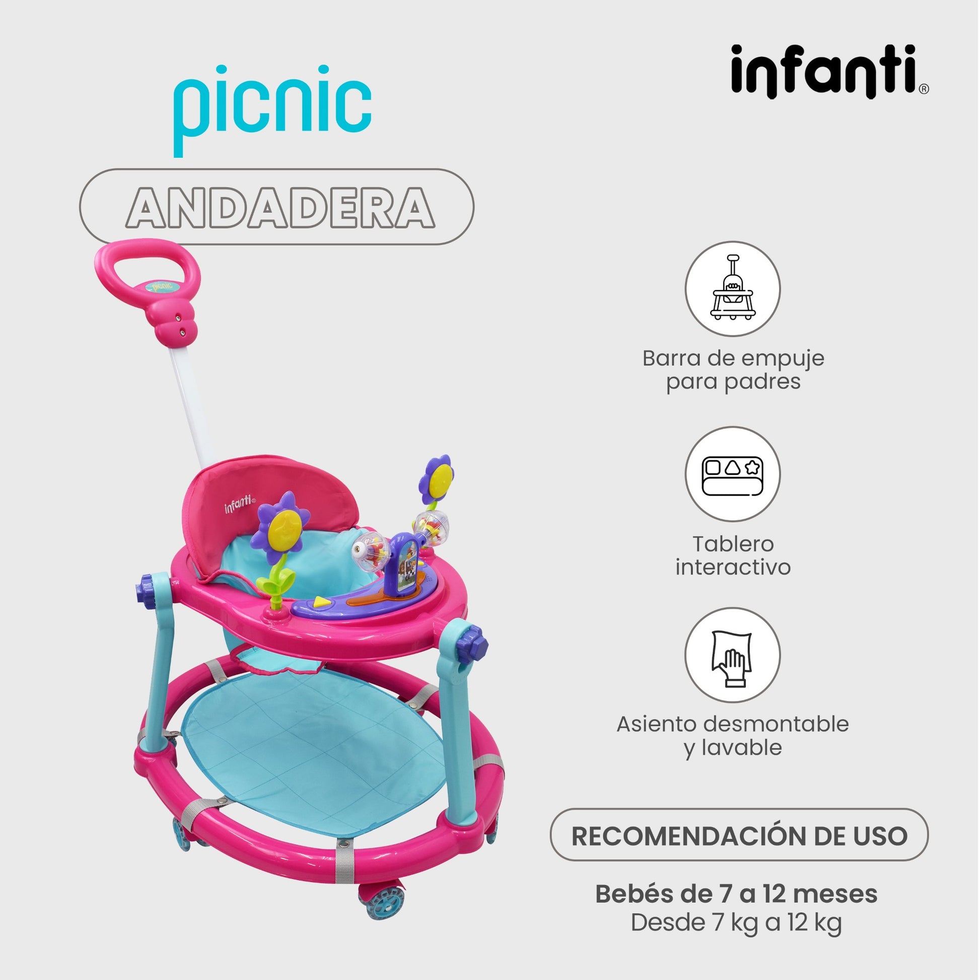 Andadera Picnic Infanti Plegable Para Bebé Con Barra De Empuje