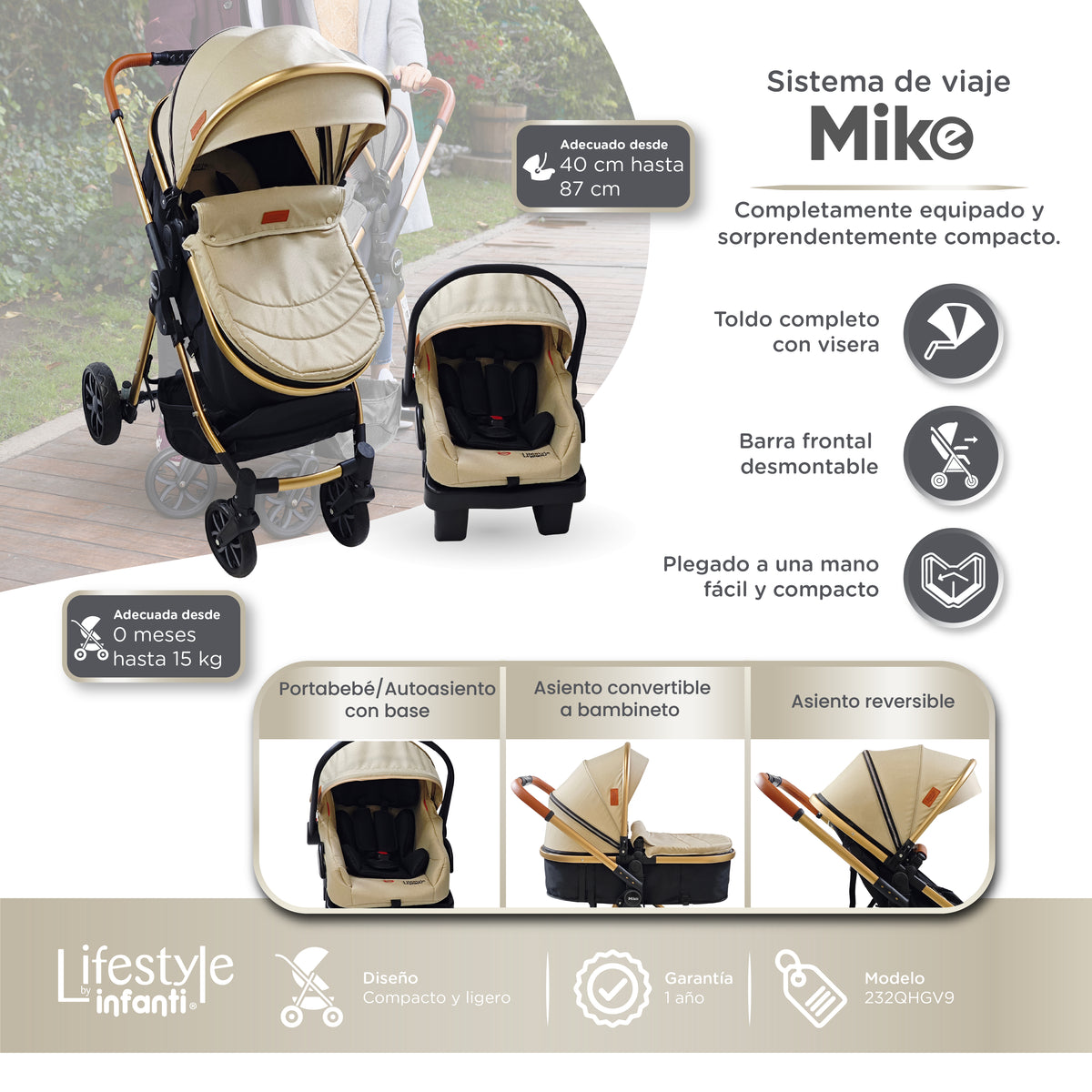 Carriola Travel System Mike Con Bambineto Reversible y Portabebé Grupo 0+