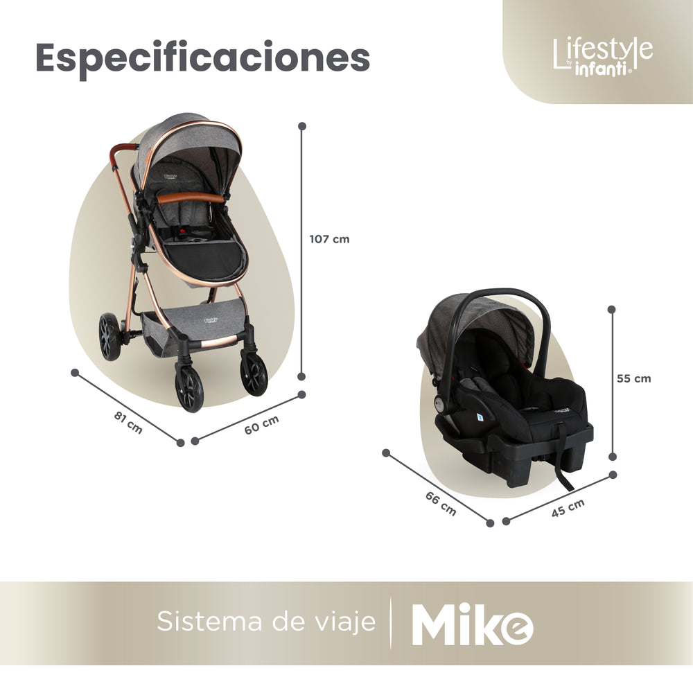 Carriola Travel System Mike Con Bambineto Reversible y Portabebé Grupo 0+