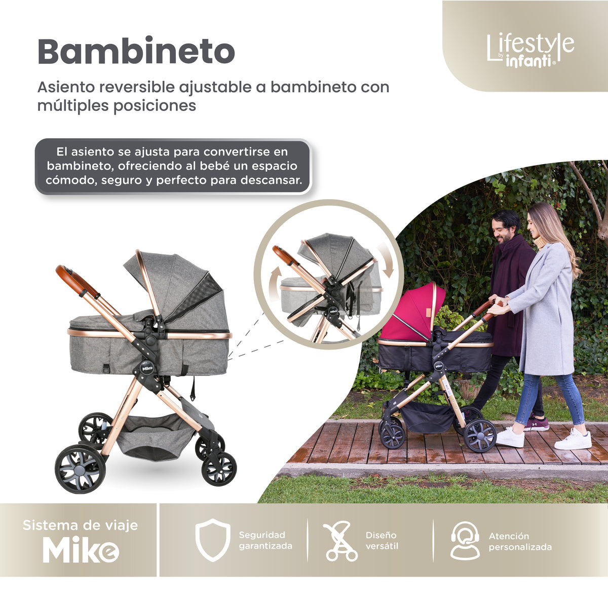 Carriola Travel System Mike Con Bambineto Reversible y Portabebé Grupo 0+