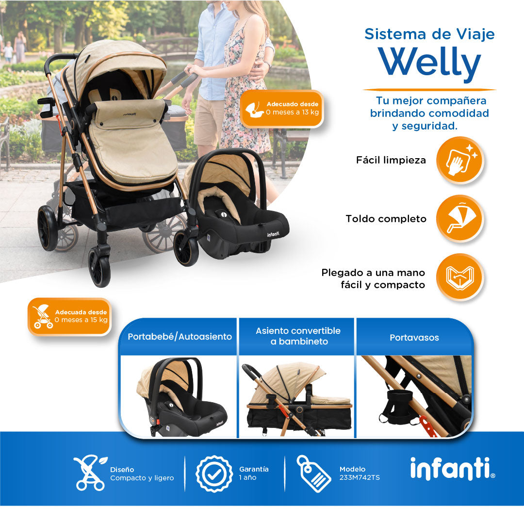Carriola Travel System Welly Negro Con Portabebé y Asiento Reversible