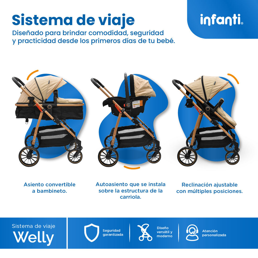 Carriola Travel System Welly Negro Con Portabebé y Asiento Reversible
