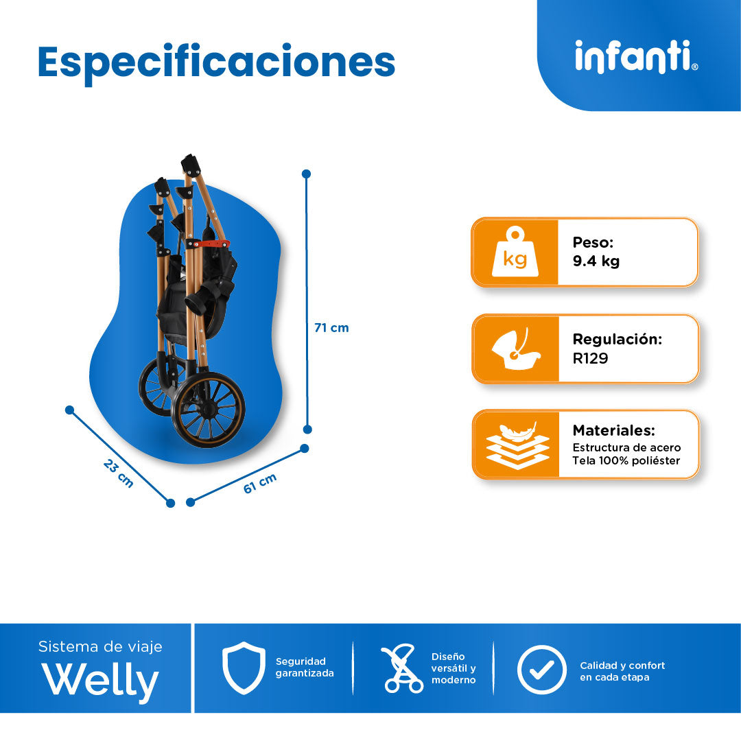 Carriola Travel System Welly Negro Con Portabebé y Asiento Reversible