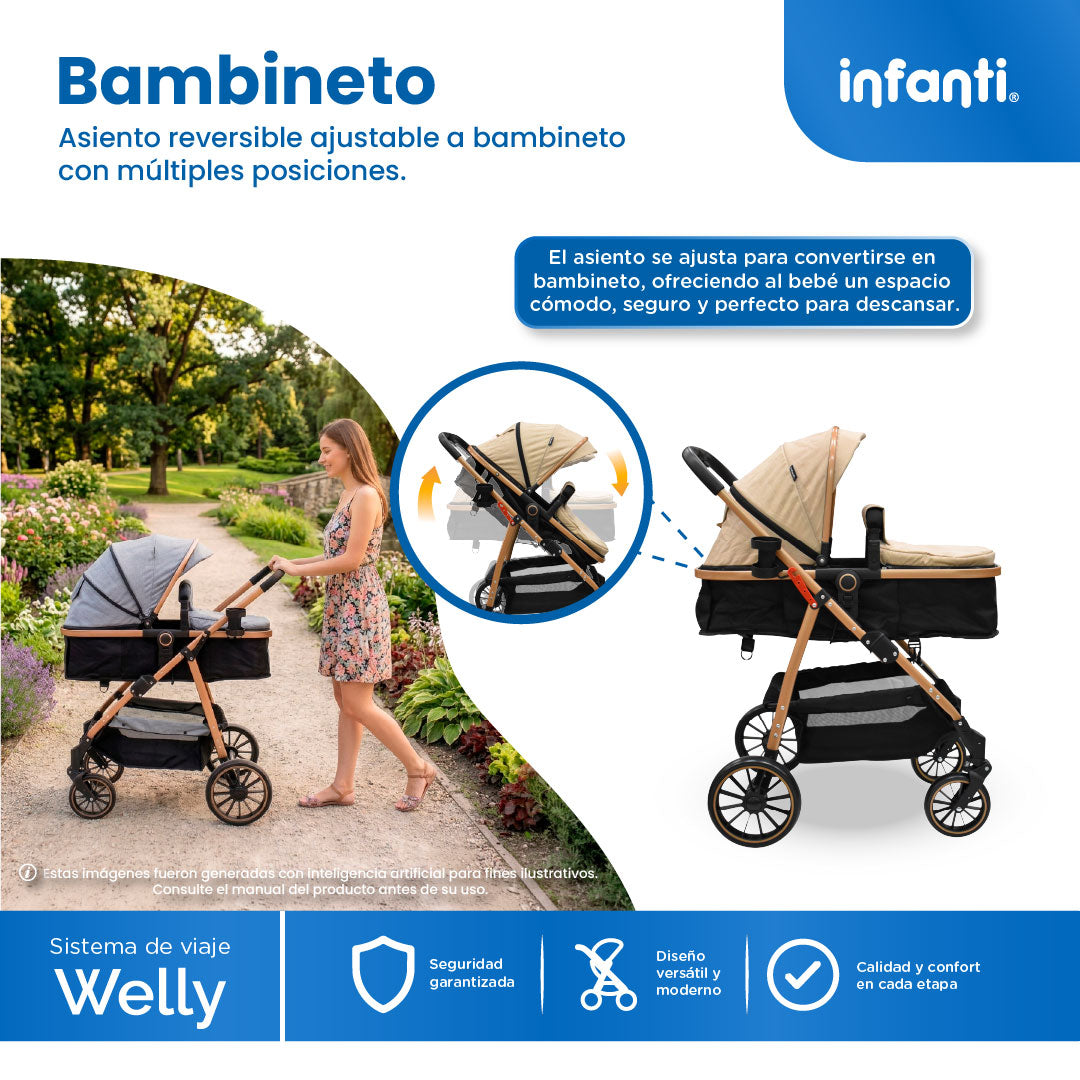 Carriola Travel System Welly Negro Con Portabebé y Asiento Reversible