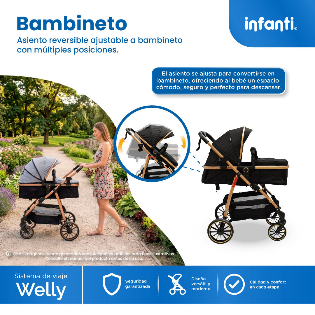 Carriola Travel System Welly Negro Con Portabebé y Asiento Reversible