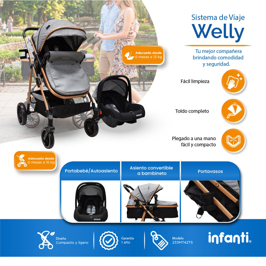 Carriola Travel System Welly Negro Con Portabebé y Asiento Reversible