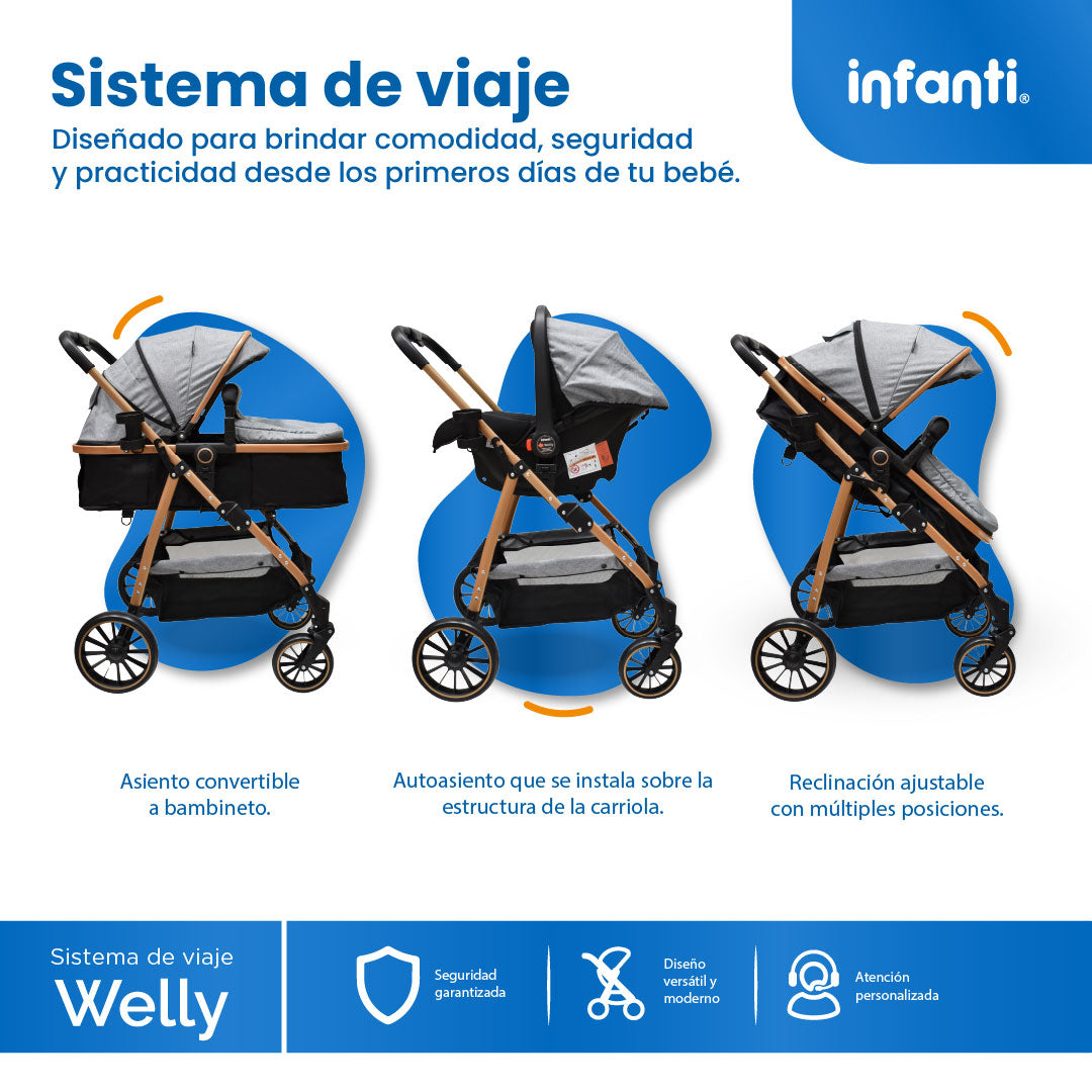 Carriola Travel System Welly Negro Con Portabebé y Asiento Reversible