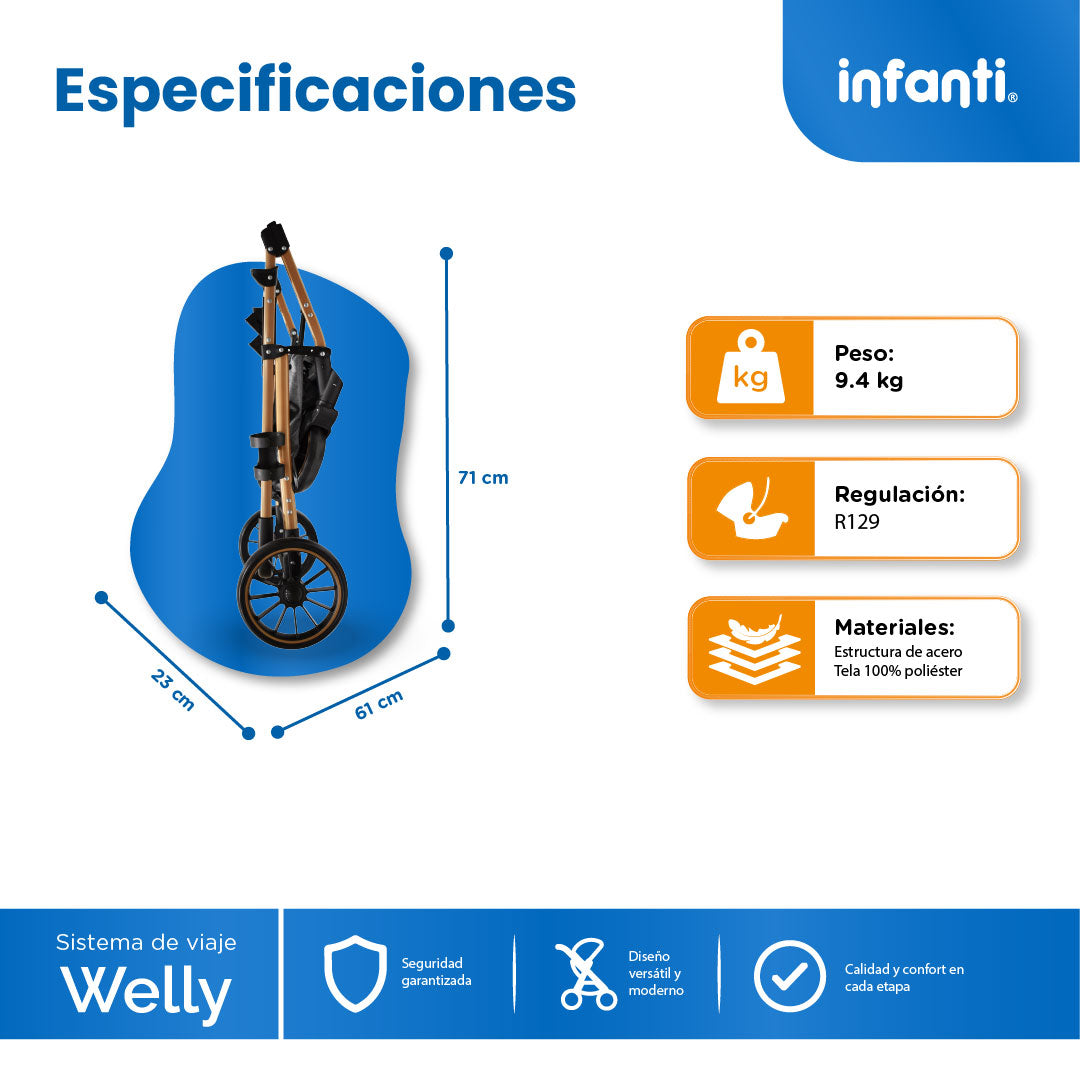 Carriola Travel System Welly Negro Con Portabebé y Asiento Reversible