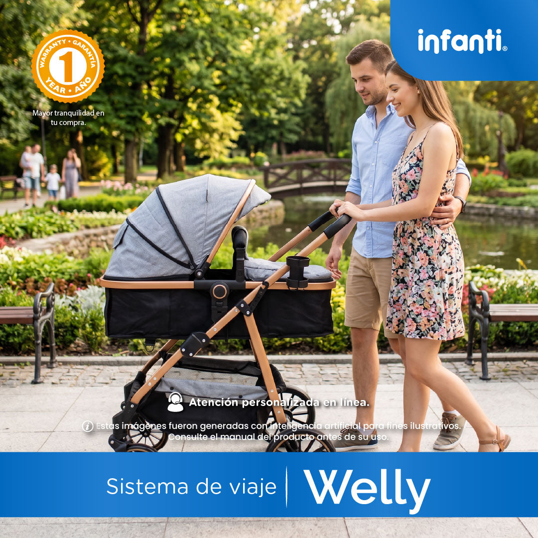 Carriola Travel System Welly Negro Con Portabebé y Asiento Reversible
