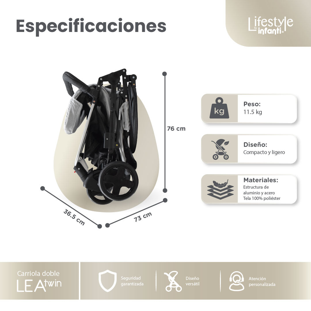 Carriola Doble Lea Twin Con Reclinación Independiente y Plegado Compacto