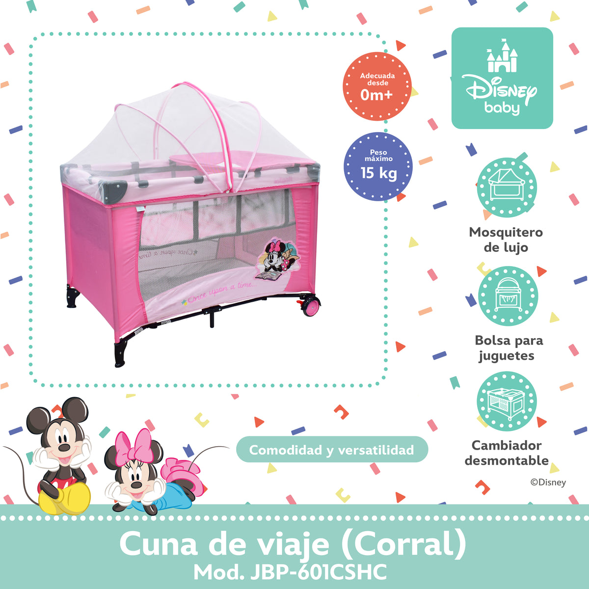 Cuna de Viaje Disney Con 2 Niveles de Altura y Cambiador Desmontable