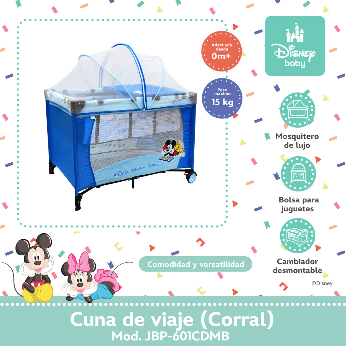 Cuna de Viaje Disney Con 2 Niveles de Altura y Cambiador Desmontable