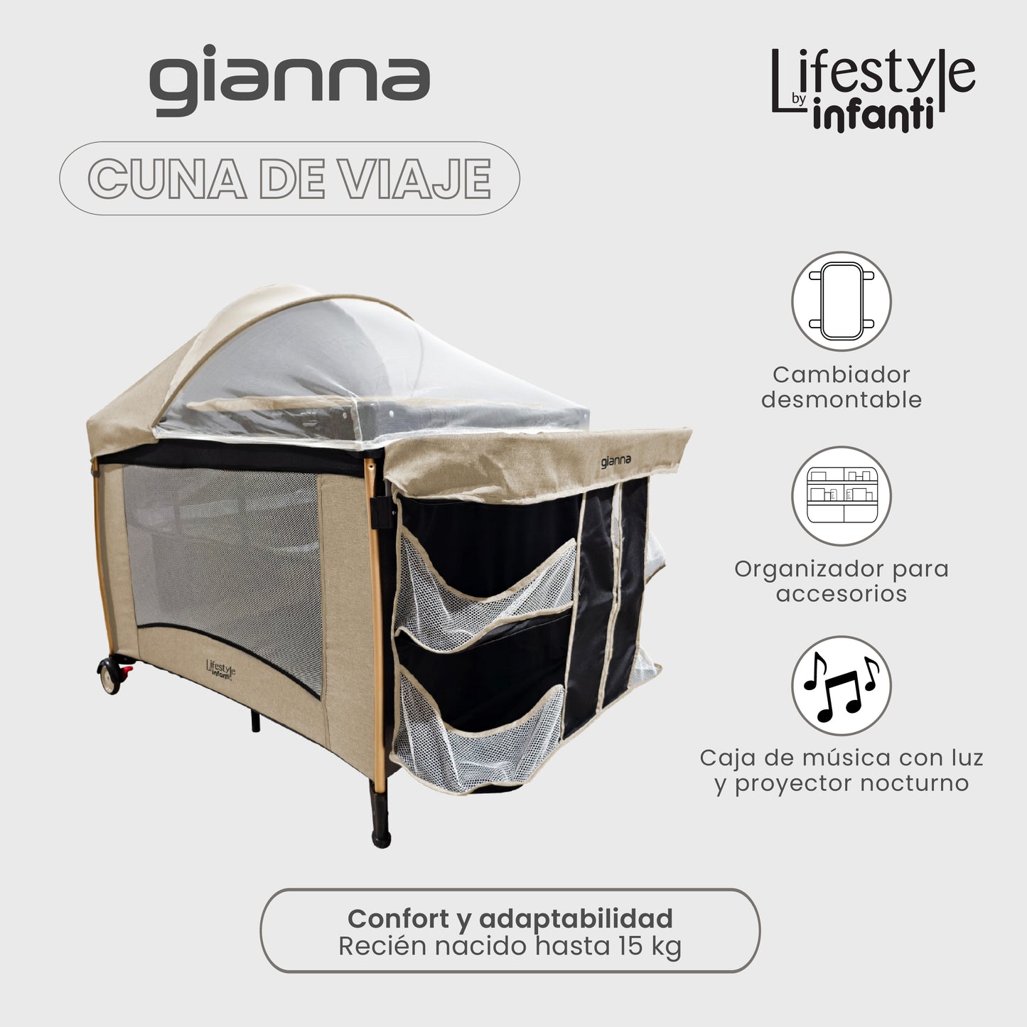 Cuna De Viaje Gianna 2 En 1 Con Cambiador Desmontable Portable