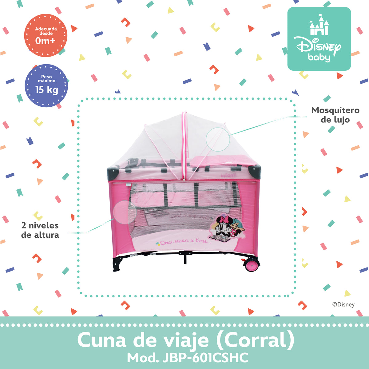 Cuna de Viaje Disney Con 2 Niveles de Altura y Cambiador Desmontable