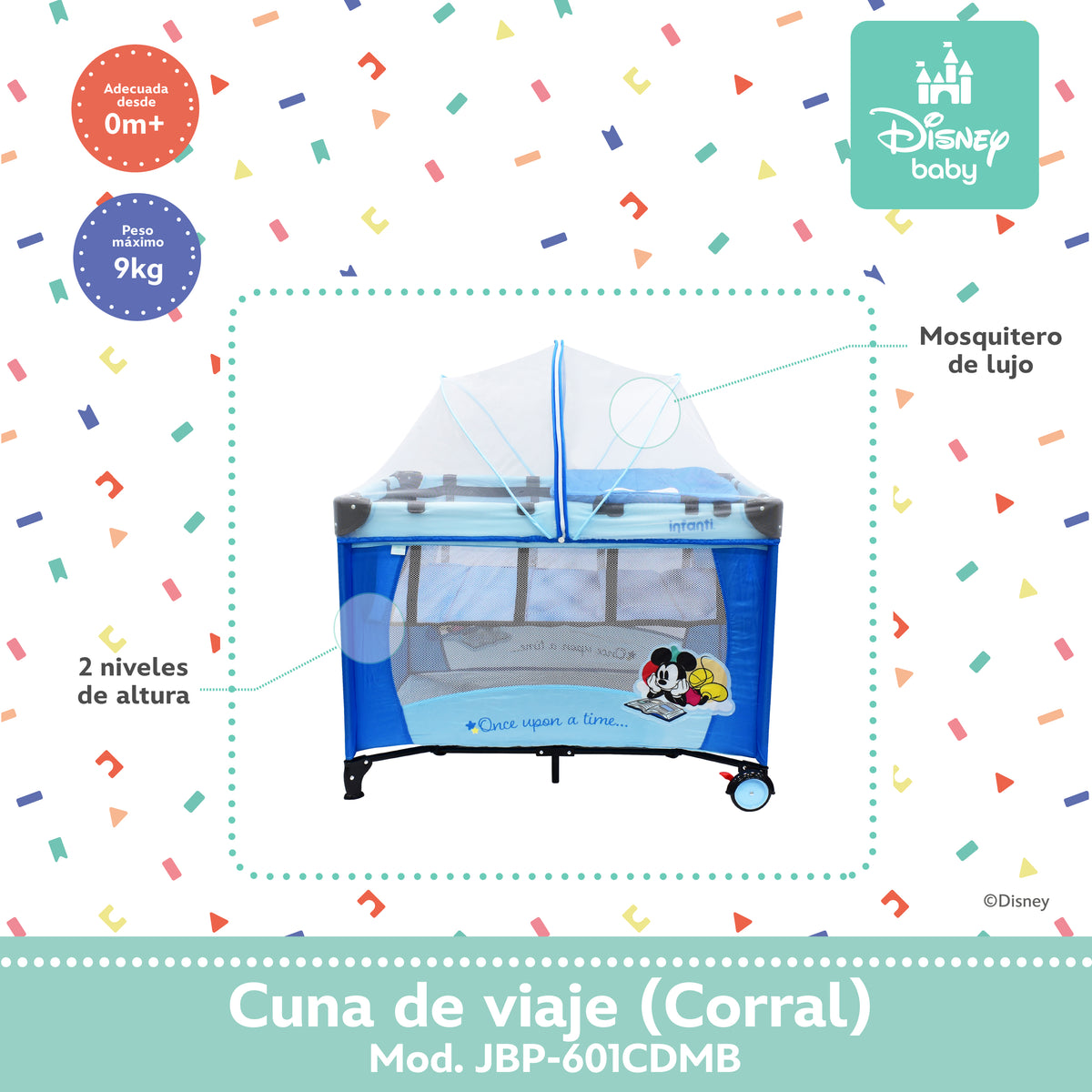 Cuna de Viaje Disney Con 2 Niveles de Altura y Cambiador Desmontable