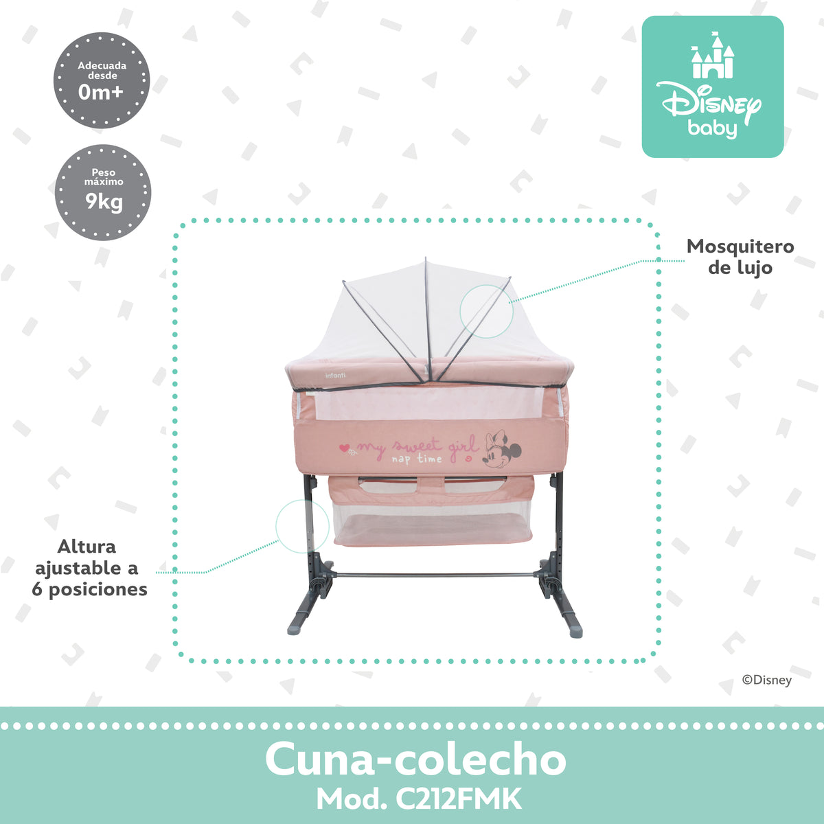 Colecho Disney Con Panel Lateral Abatible y 6 Posiciones de Altura