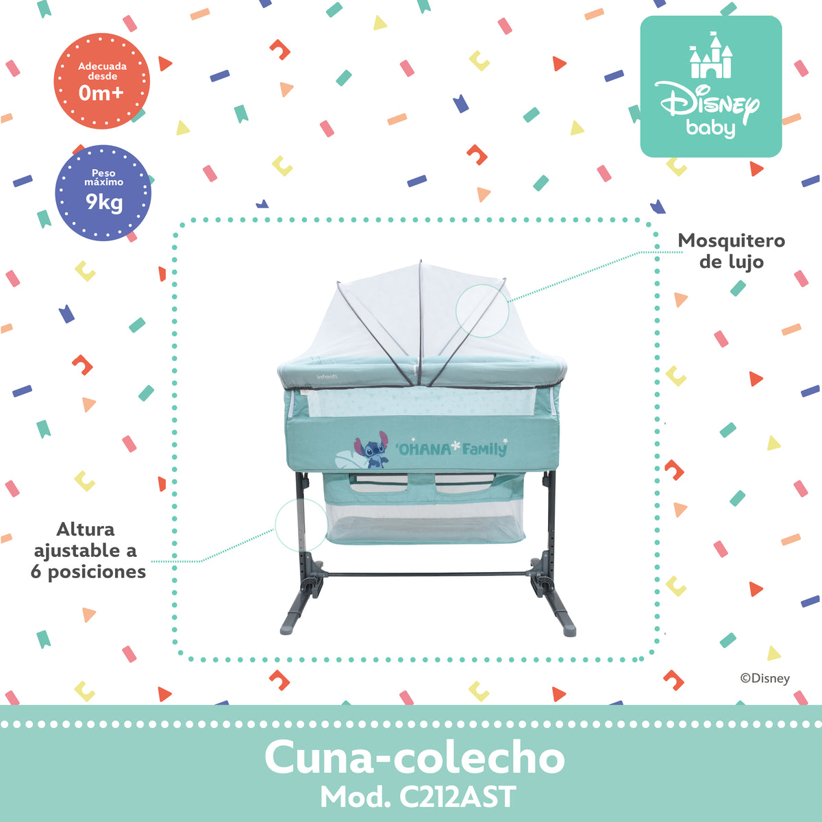 Colecho Disney Con Panel Lateral Abatible y 6 Posiciones de Altura