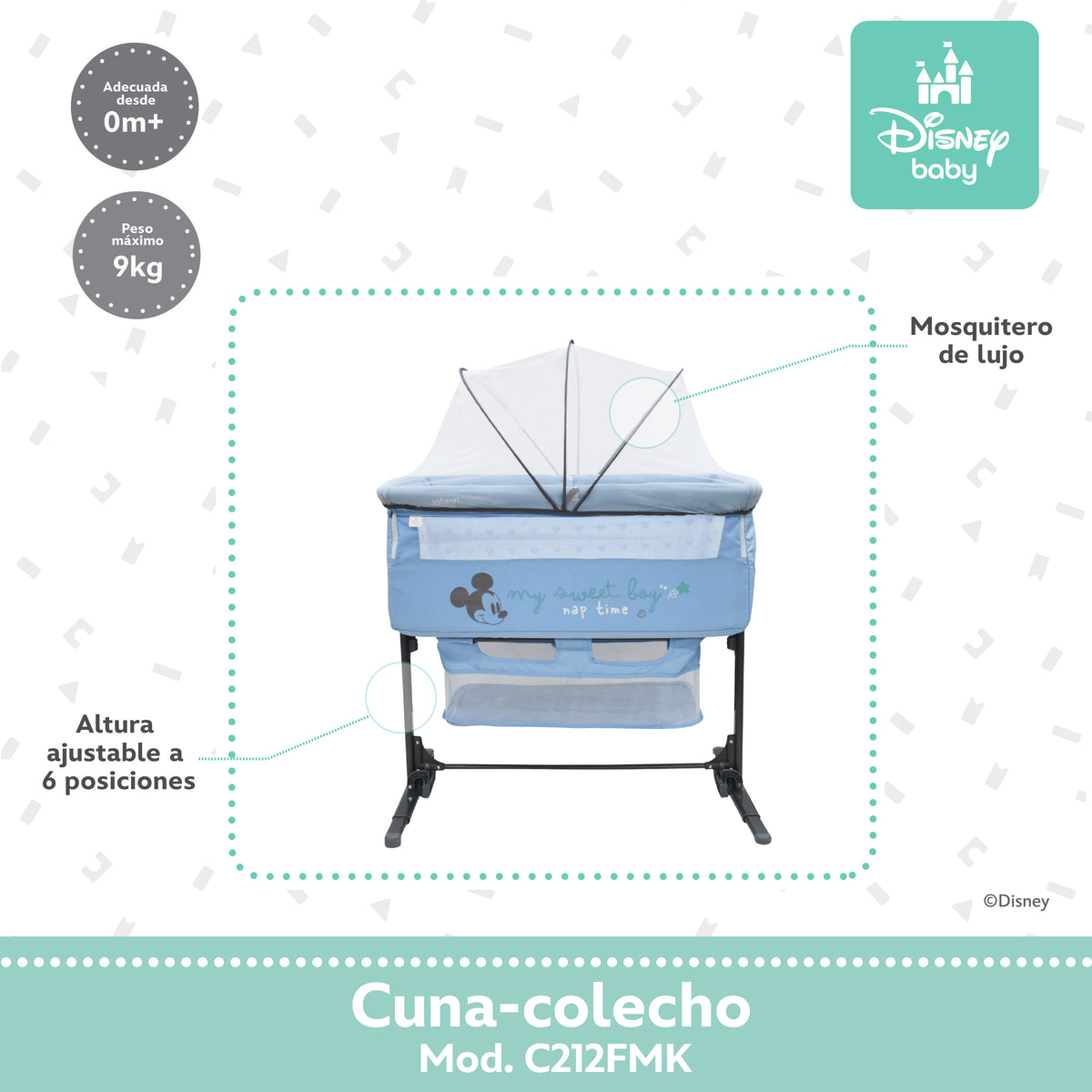 Colecho Disney Con Panel Lateral Abatible y 6 Posiciones de Altura