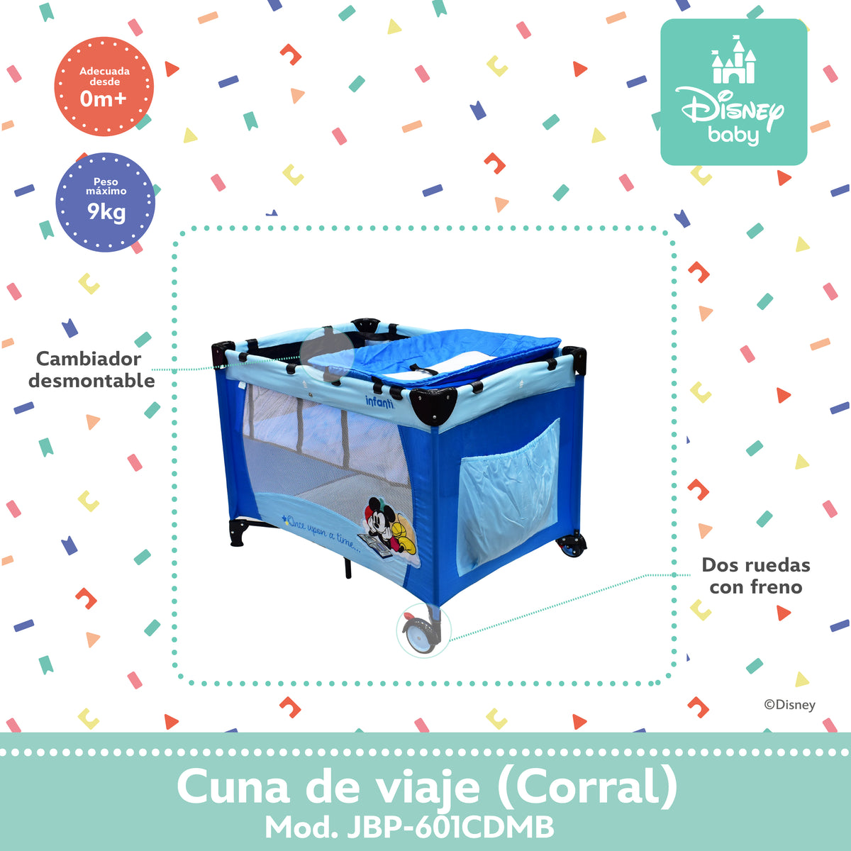 Cuna de Viaje Disney Con 2 Niveles de Altura y Cambiador Desmontable