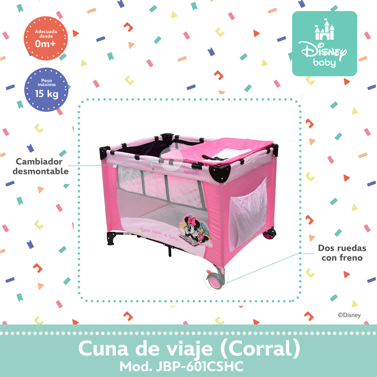 Cuna de Viaje Disney Con 2 Niveles de Altura y Cambiador Desmontable