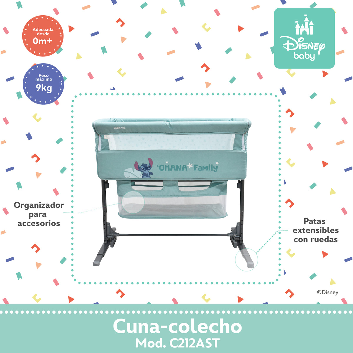 Colecho Disney Con Panel Lateral Abatible y 6 Posiciones de Altura