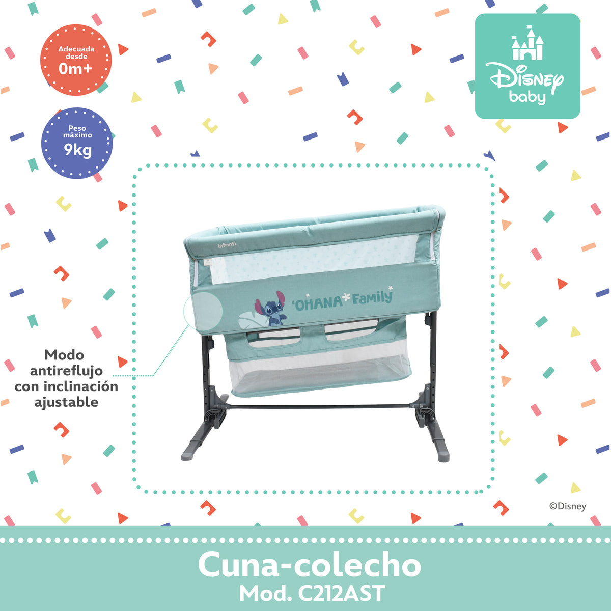 Colecho Disney Con Panel Lateral Abatible y 6 Posiciones de Altura