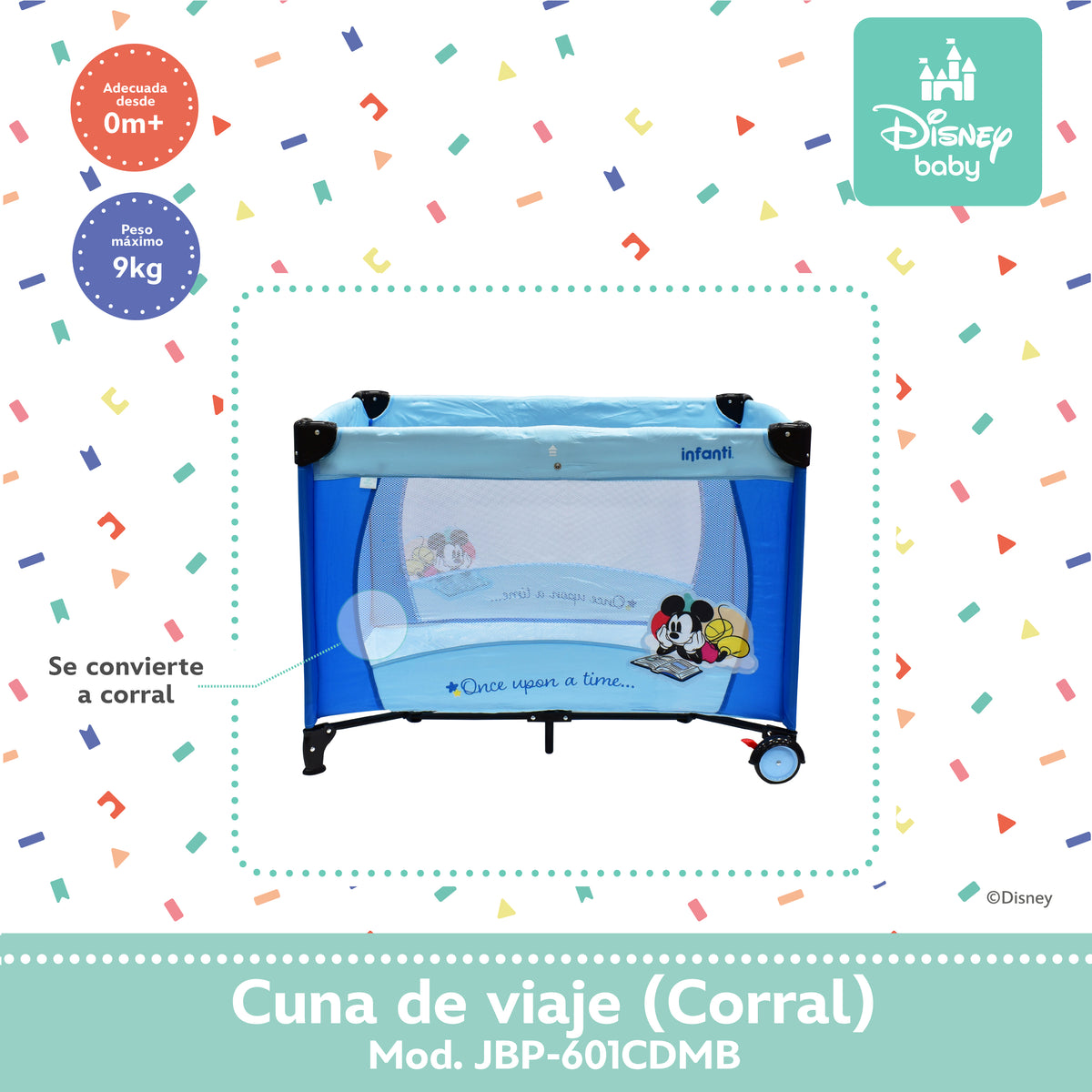 Cuna de Viaje Disney Con 2 Niveles de Altura y Cambiador Desmontable