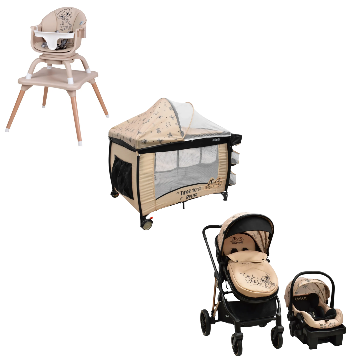 Set Carriola Con Sistema De Viaje Cuna Colecho y Silla Alta Disney Time Stitch