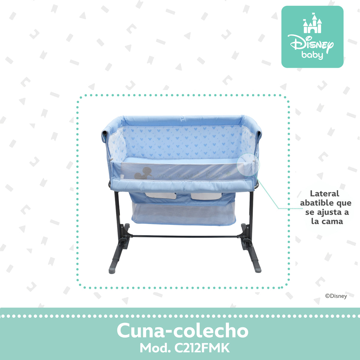Colecho Disney Con Panel Lateral Abatible y 6 Posiciones de Altura