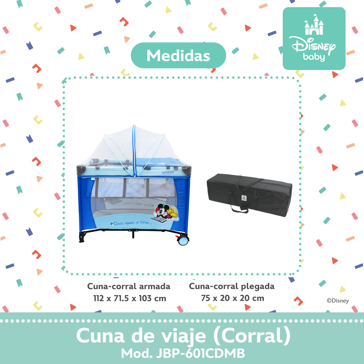 Cuna de Viaje Disney Con 2 Niveles de Altura y Cambiador Desmontable