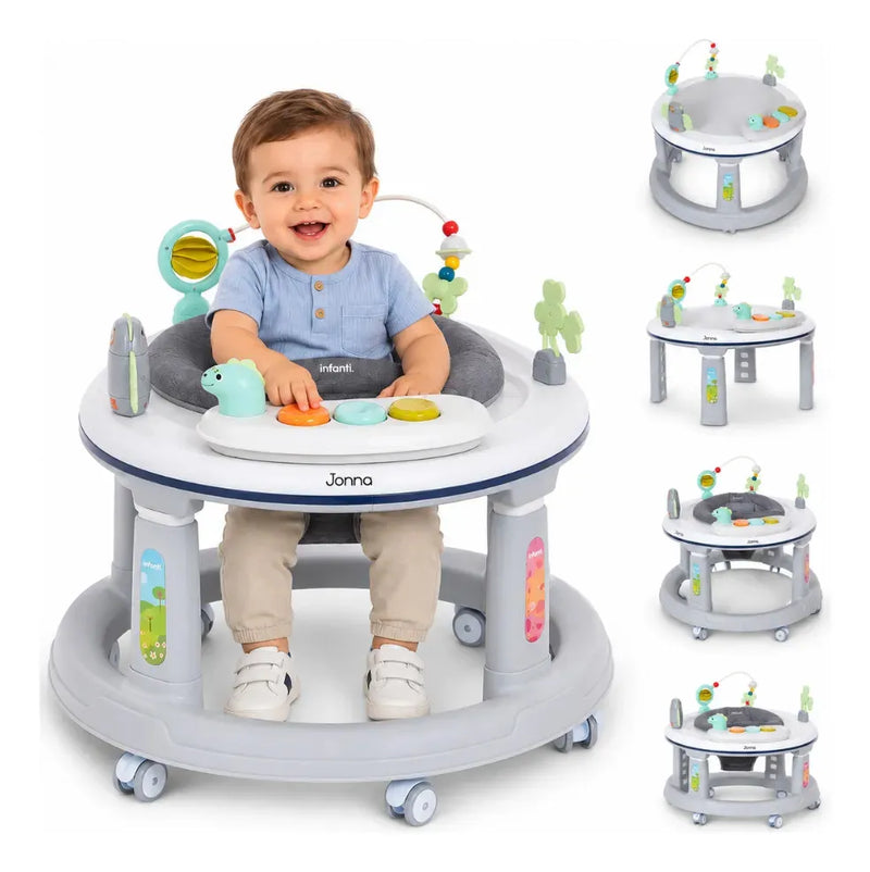 Andadera 4 en 1 Jonna Con Centro de Entretenimiento, Mesita Interactiva y Mesa de Juegos, Asiento Giratorio 360°, Altura Ajustable, Tapete Desmontable con Luz y Sonido, 12 kg max, Infanti