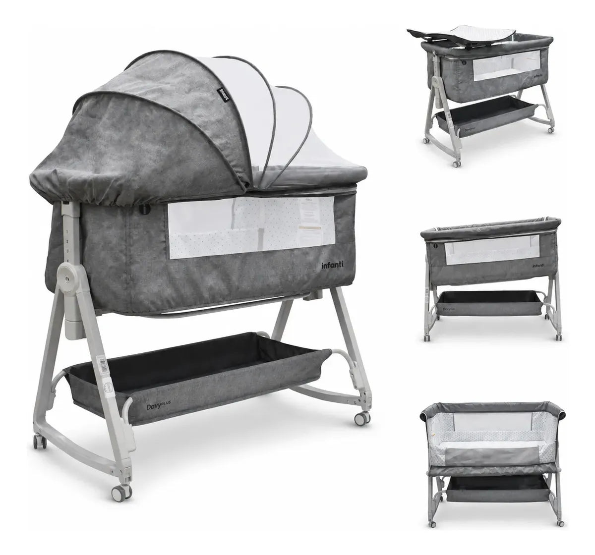 Cuna Corral Con Mosquitero, Davy Plus, Gris, Cambiador Desmontable, Colecho Lateral Abatible, Mecedora, Colchoneta Suave, Altura Ajustable, Inclinación Antirreflujo Organizador de Accesorios, Infanti