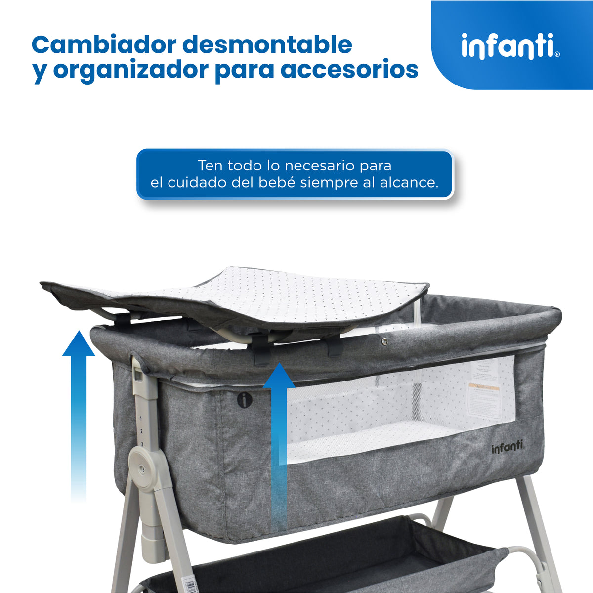 Cuna Corral Con Mosquitero, Davy Plus, Gris, Cambiador Desmontable, Colecho Lateral Abatible, Mecedora, Colchoneta Suave, Altura Ajustable, Inclinación Antirreflujo Organizador de Accesorios, Infanti