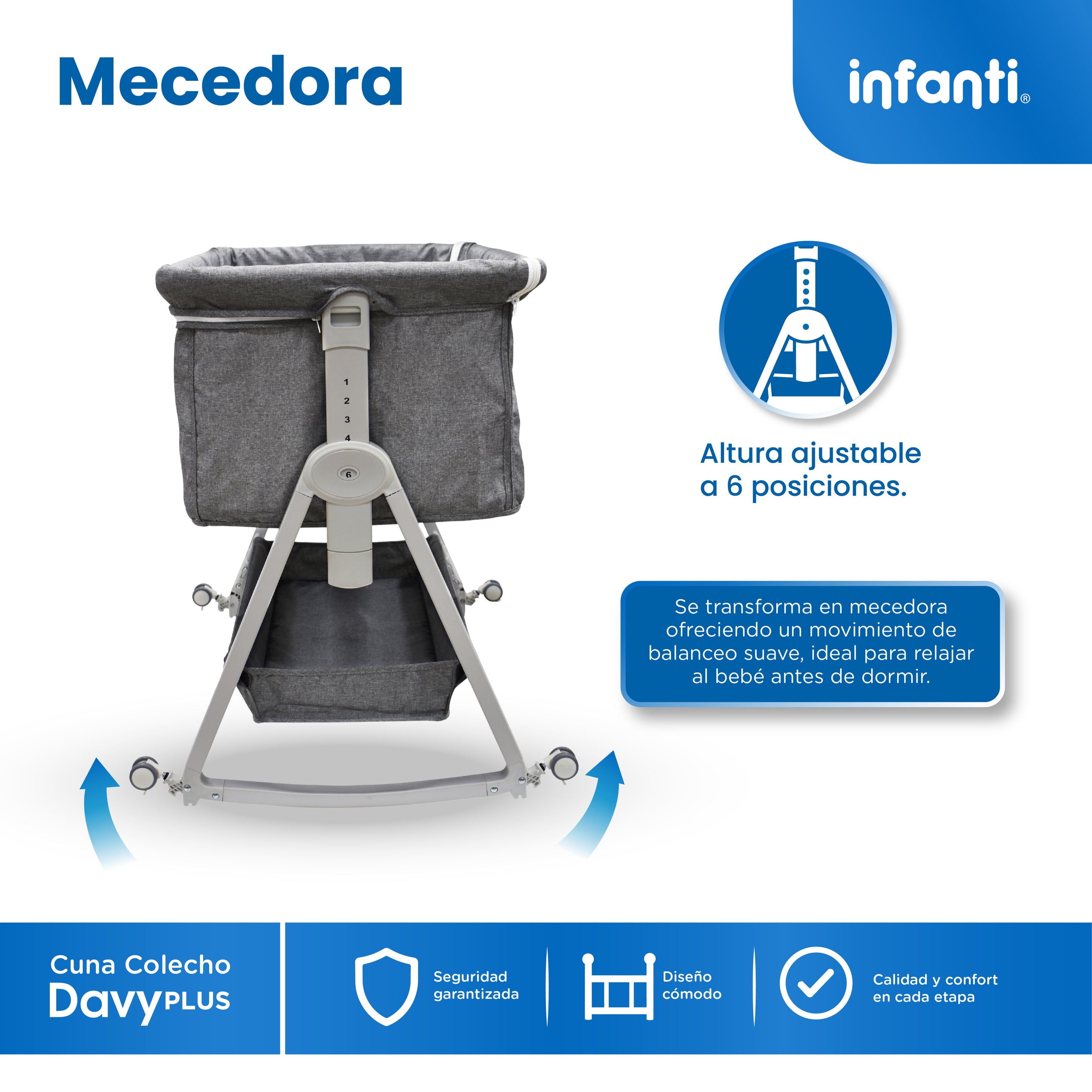 Cuna Corral Con Mosquitero, Davy Plus, Gris, Cambiador Desmontable, Colecho Lateral Abatible, Mecedora, Colchoneta Suave, Altura Ajustable, Inclinación Antirreflujo Organizador de Accesorios, Infanti