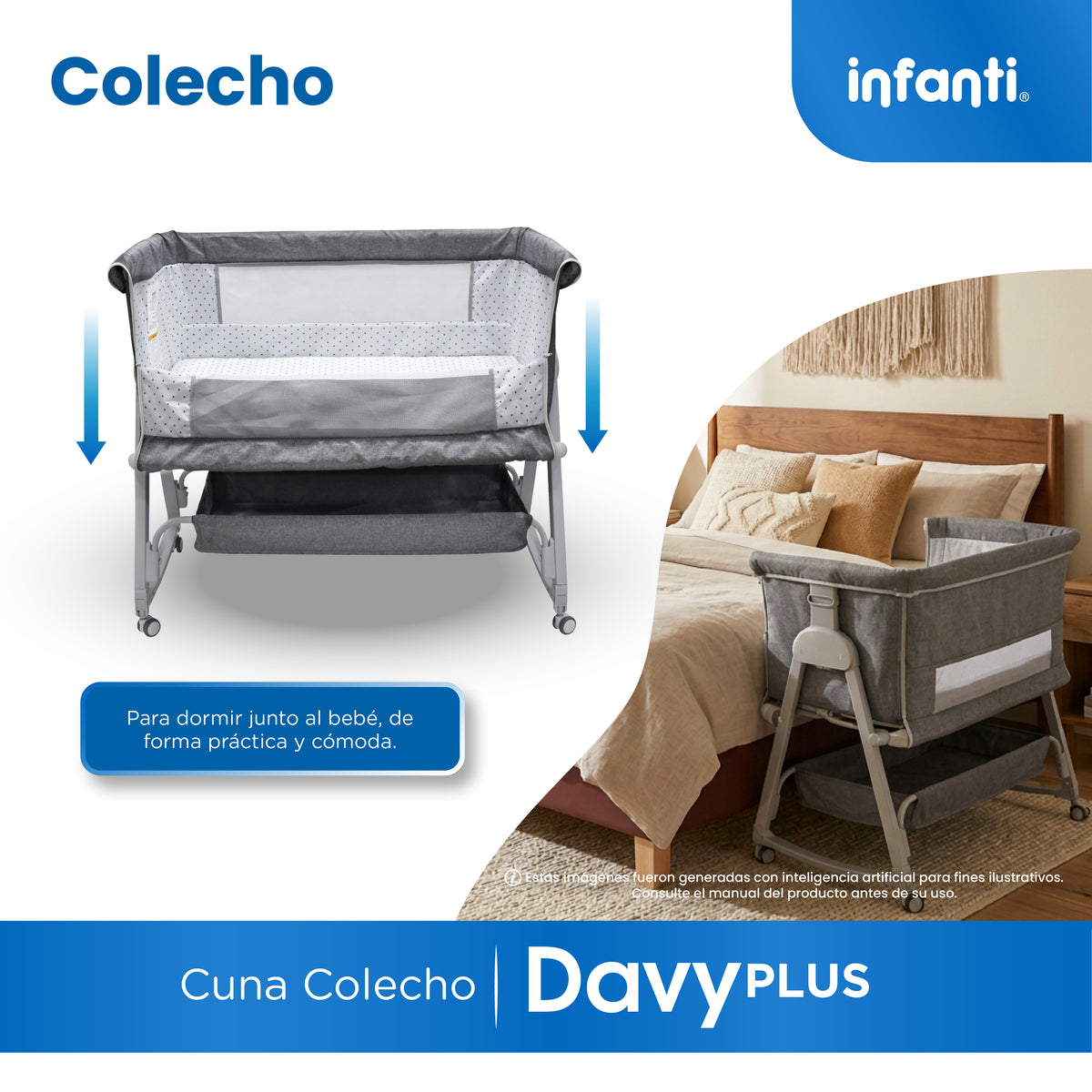 Cuna Corral Con Mosquitero, Davy Plus, Gris, Cambiador Desmontable, Colecho Lateral Abatible, Mecedora, Colchoneta Suave, Altura Ajustable, Inclinación Antirreflujo Organizador de Accesorios, Infanti