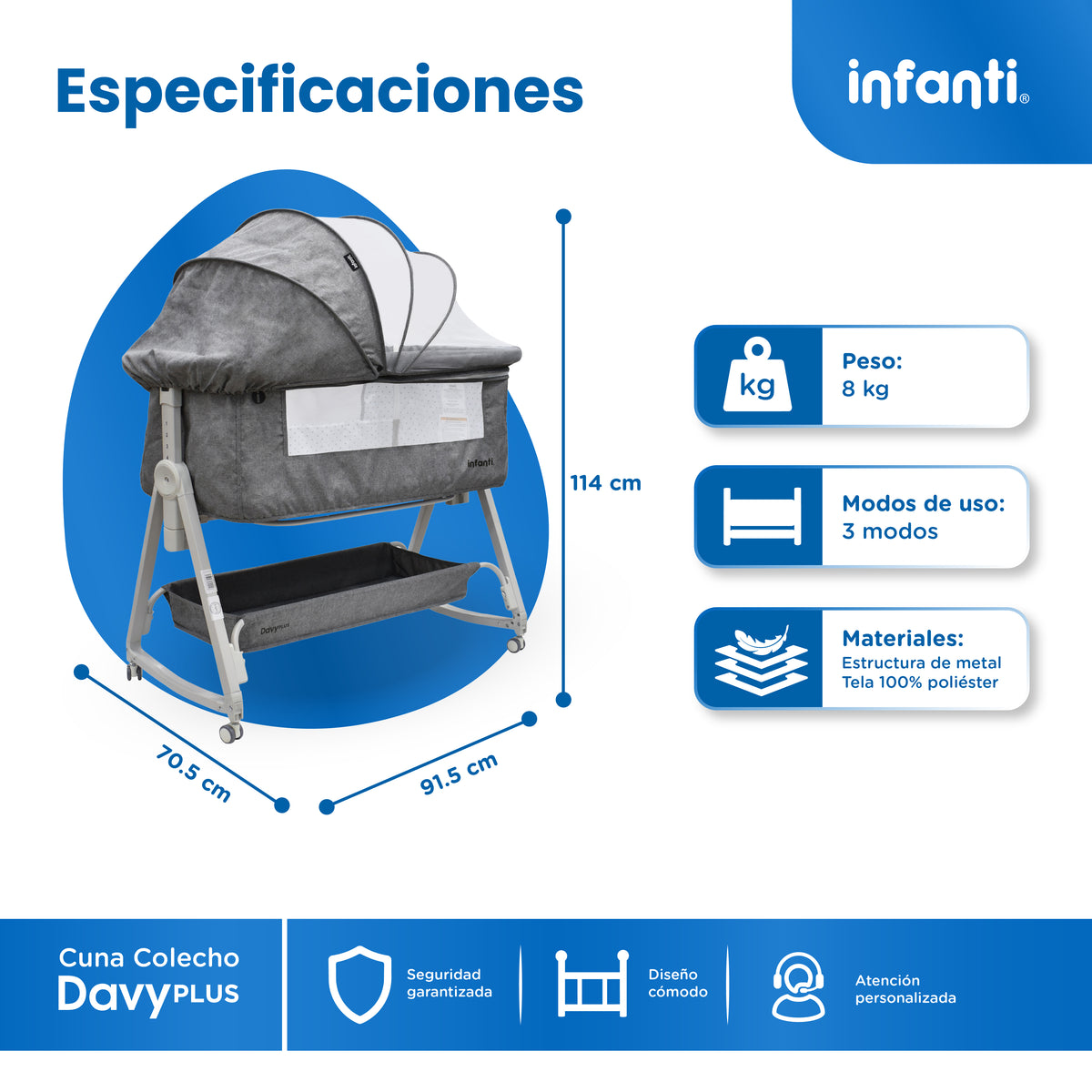 Cuna Corral Con Mosquitero, Davy Plus, Gris, Cambiador Desmontable, Colecho Lateral Abatible, Mecedora, Colchoneta Suave, Altura Ajustable, Inclinación Antirreflujo Organizador de Accesorios, Infanti