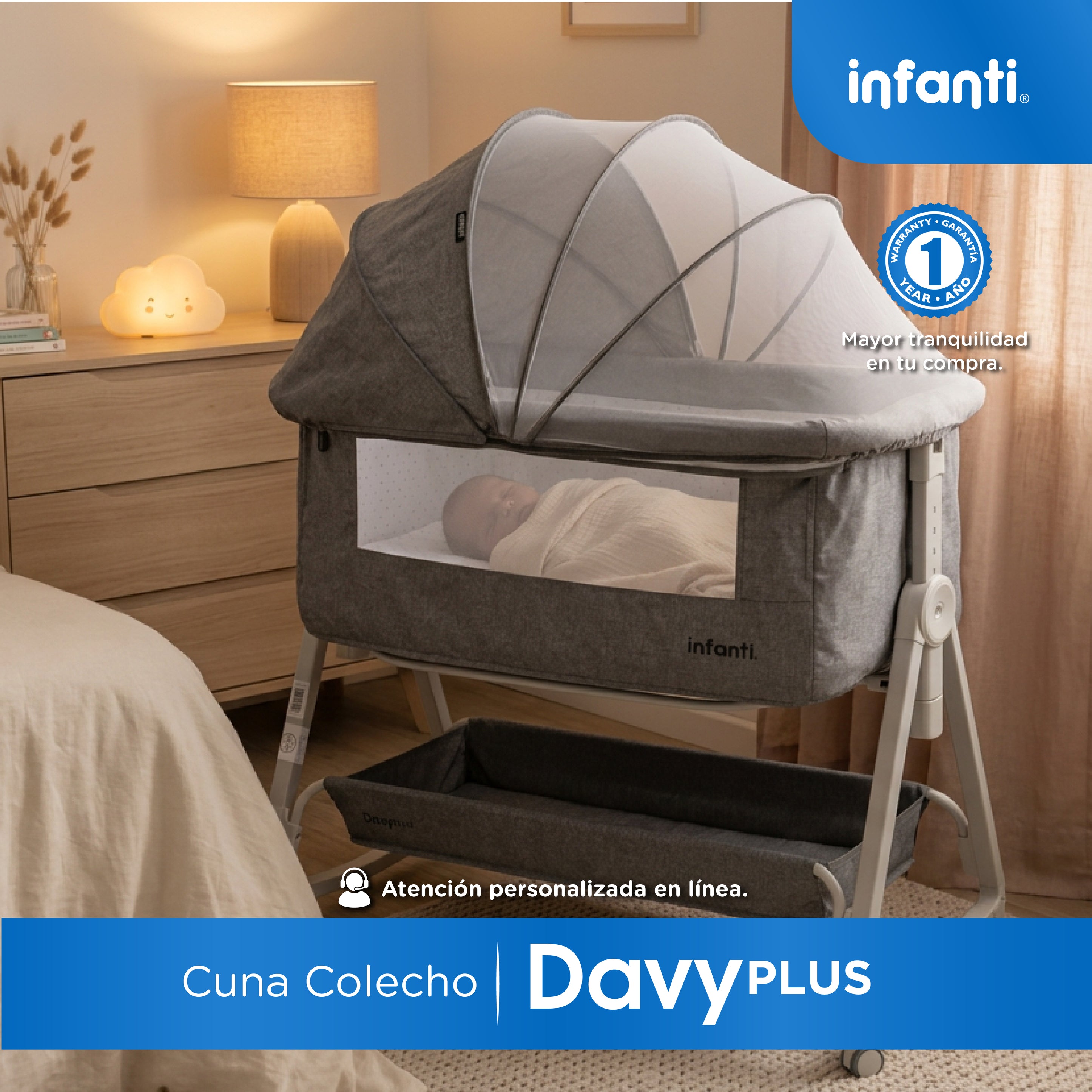 Cuna Corral Con Mosquitero, Davy Plus, Gris, Cambiador Desmontable, Colecho Lateral Abatible, Mecedora, Colchoneta Suave, Altura Ajustable, Inclinación Antirreflujo Organizador de Accesorios, Infanti