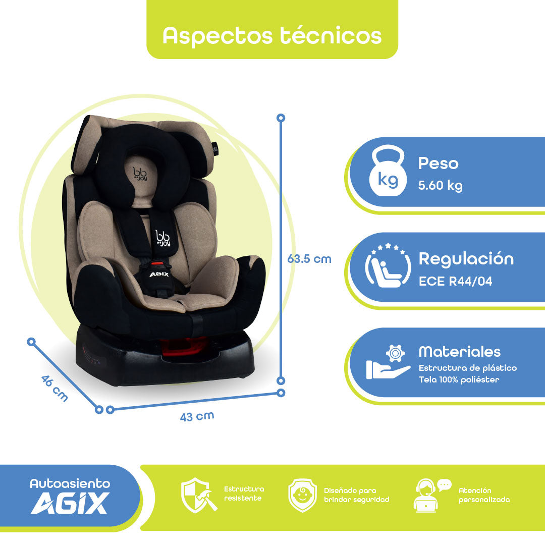 Autoasiento Evolutivo Agix Beige Con Negro Reclinable Con Arnés de 5 Puntos, BB Joy