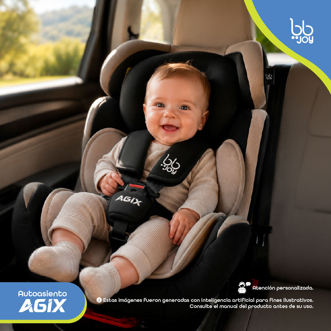 Autoasiento Evolutivo Agix Beige Con Negro Reclinable Con Arnés de 5 Puntos, BB Joy