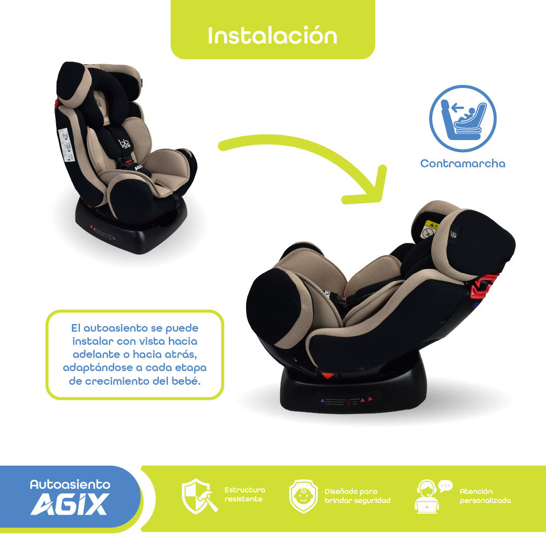 Autoasiento Evolutivo Agix Beige Con Negro Reclinable Con Arnés de 5 Puntos, BB Joy