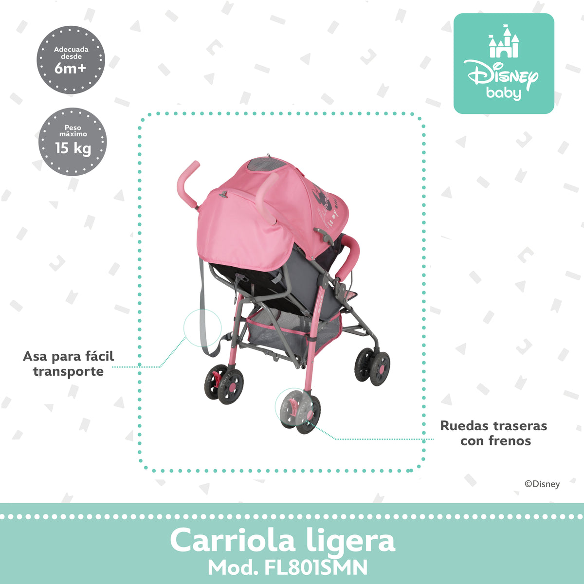 Carriola de Bastón Minnie Con Plegado Compacto y Reclinación Ajustable