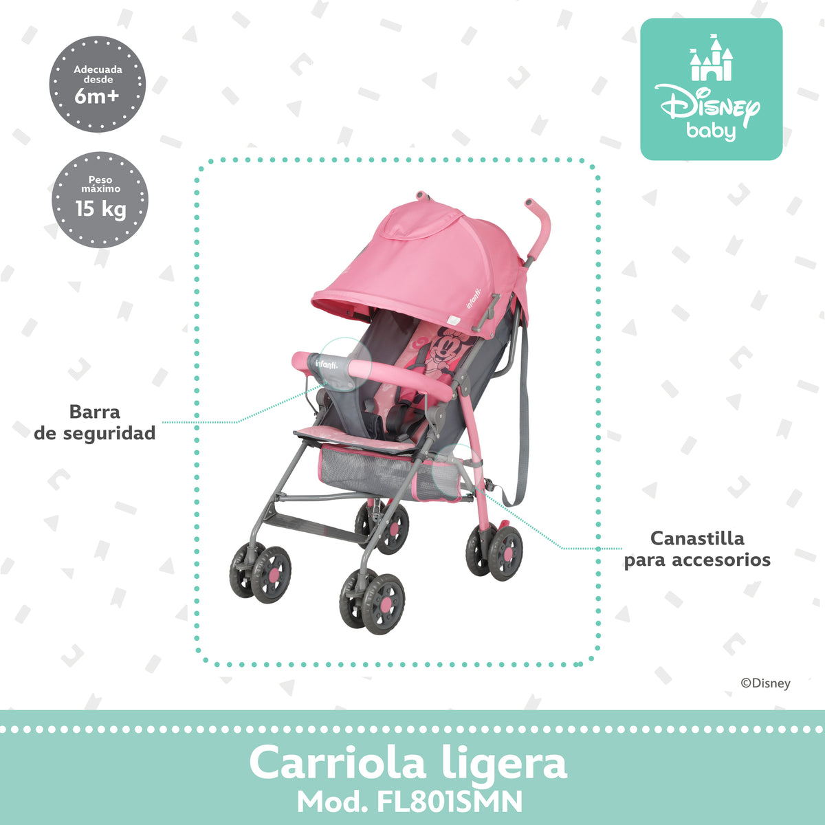 Carriola de Bastón Minnie Con Plegado Compacto y Reclinación Ajustable
