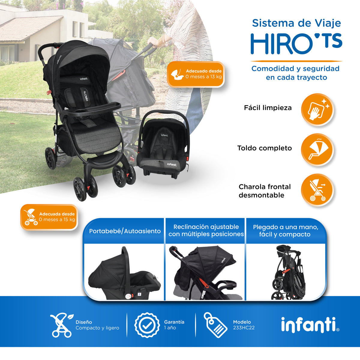 Carriola Travel System Hiro TS Con Portabebé y Plegado a Una Mano, Infanti.