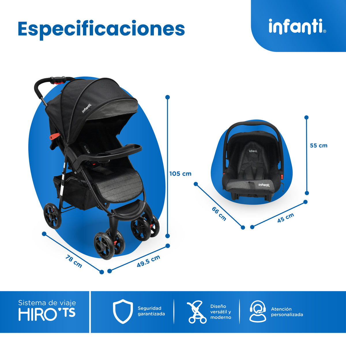 Carriola Travel System Hiro TS Con Portabebé y Plegado a Una Mano, Infanti.