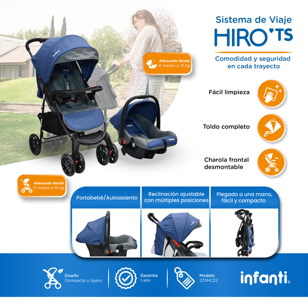 Carriola Travel System Hiro TS Con Portabebé y Plegado a Una Mano, Infanti.
