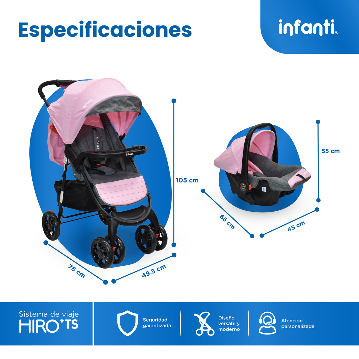 Carriola Travel System Hiro TS Con Portabebé y Plegado a Una Mano, Infanti.