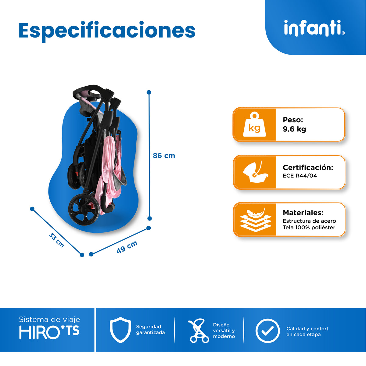 Carriola Travel System Hiro TS Con Portabebé y Plegado a Una Mano, Infanti.
