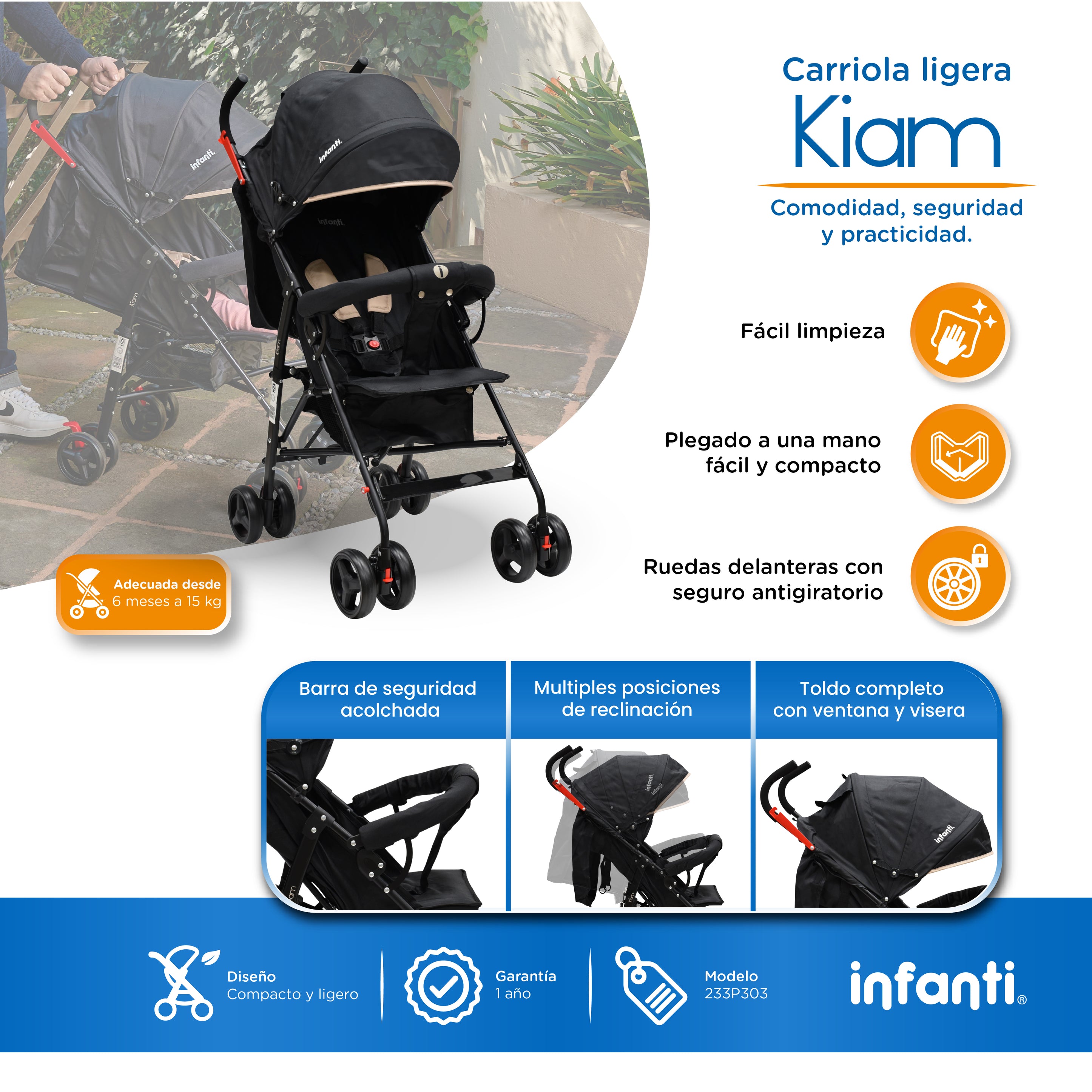 Carriola De Bastón Con Plegado Compacto Kiam  Multiples Reclinaciones, Arnés De 5 puntos, Toldo Completo, Frenos y Ruedas Giratorias Con Seguro Ideal Para Bebes De 6 Meses a 15 kg, Infanti