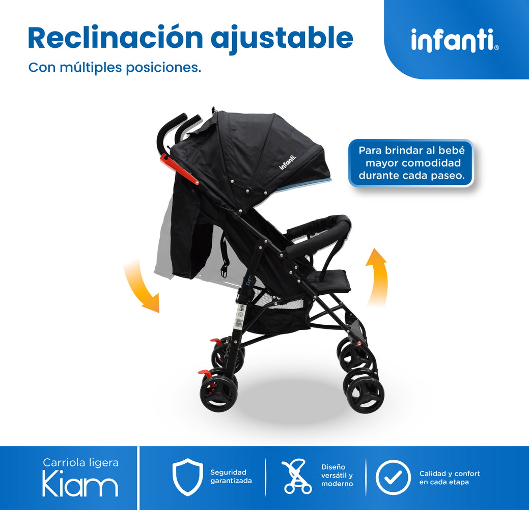 Carriola De Bastón Con Plegado Compacto Kiam  Multiples Reclinaciones, Arnés De 5 puntos, Toldo Completo, Frenos y Ruedas Giratorias Con Seguro Ideal Para Bebes De 6 Meses a 15 kg, Infanti